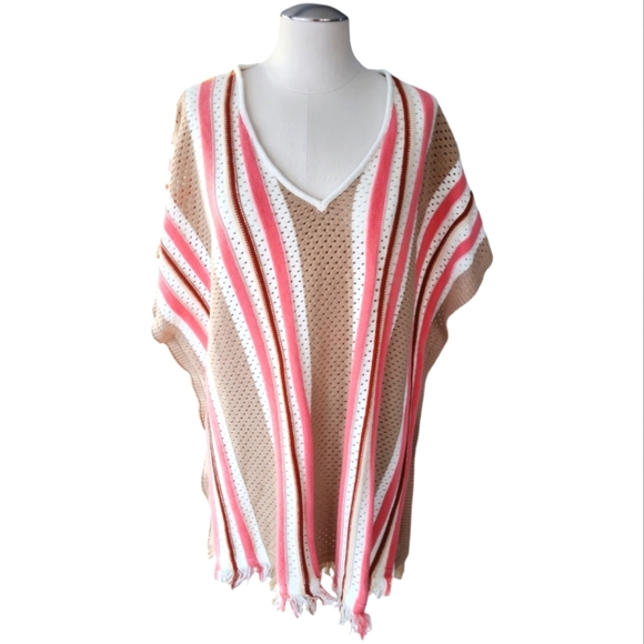 Echo La Playa Crochet Beach Cover Knot Poncho Tunic Striped Tan Pink OS - Picture 1 of 7
